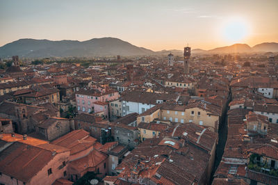 High angle view of townscape against sky during sunset