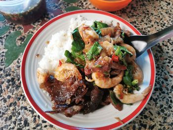 High angle view of food in plate on table