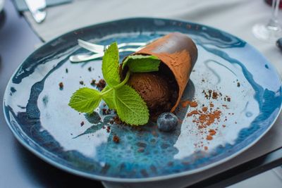 Close-up of dessert in plate on table