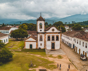 High angle view of buildings against sky