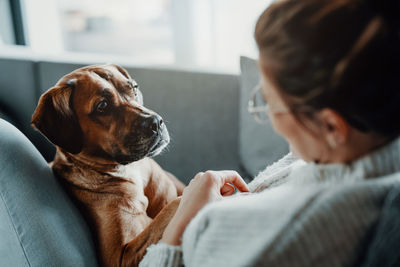 Midsection of woman with dog at home