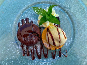 High angle view of chocolate cake in plate