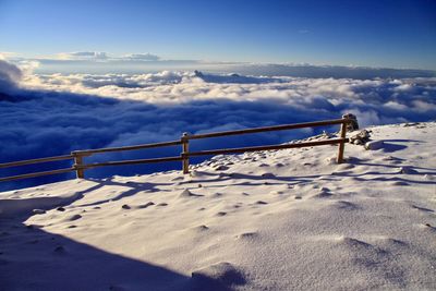 Scenic view of snow covered land against sky