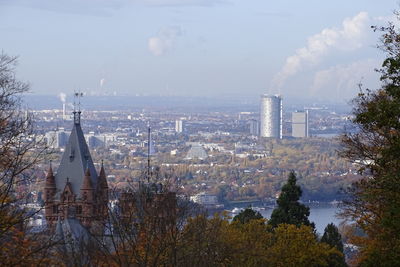 High angle view of buildings against sky