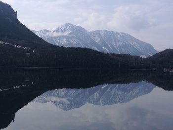 Scenic view of lake and mountains against sky