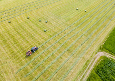Aerial view of tractor on agricultural land