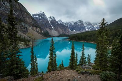 Scenic view of calm lake against cloudy sky