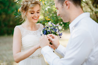 Close-up of bridegroom during wedding ceremony