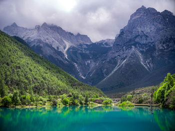 Scenic view of lake and mountains against sky