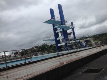 Built structure by road against sky in city
