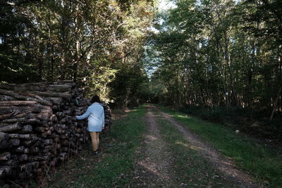 Rear view of man walking in forest