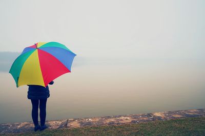 Rear view of woman standing in sea against clear sky