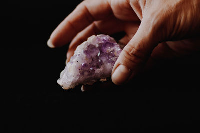 Close-up of hand holding seashell against black background