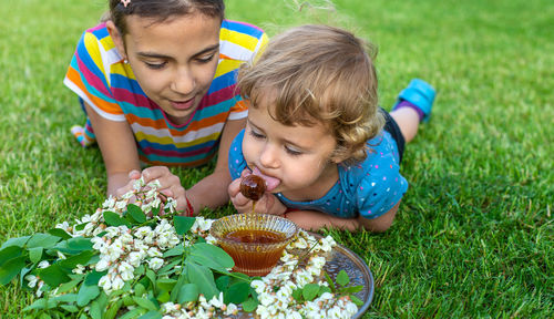 High angle view of boy playing with flowers