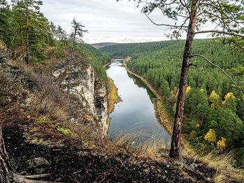 Autumn view from the bank of the ai river in the area of the ai pritesy on a cloudy day