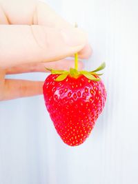 Close-up of hand holding strawberry over white background