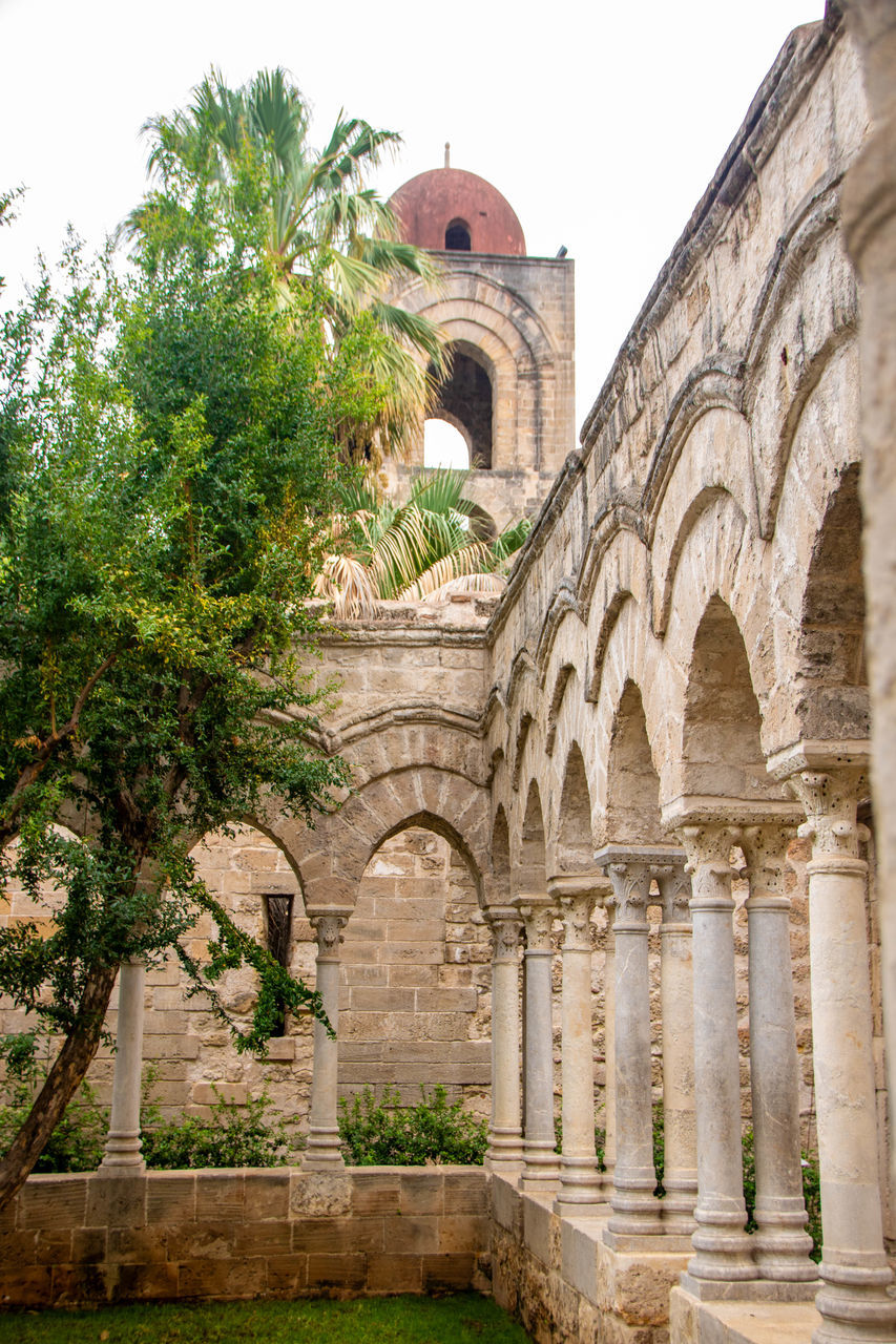 architecture, built structure, arch, history, the past, building exterior, travel destinations, plant, tree, building, nature, travel, religion, place of worship, tourism, sky, no people, ancient, abbey, day, old, outdoors, belief, ancient history, historic site, city, architectural column, estate, clear sky, spirituality