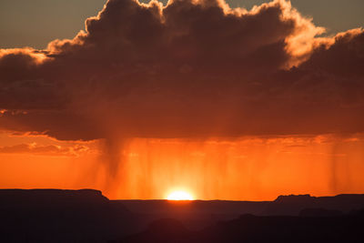 Scenic view of silhouette mountain against orange sky