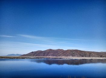 Scenic view of mountains against clear blue sky