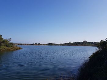 Scenic view of river against clear blue sky