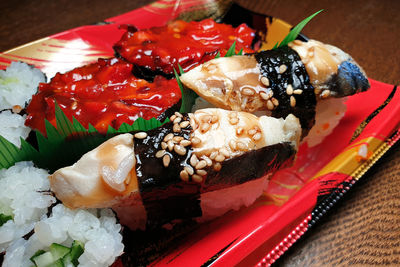 Close-up of sushi served on table