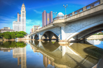 Reflection of bridge in city against sky