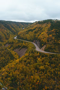 High angle view of road amidst trees against sky