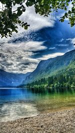 Scenic view of lake against cloudy sky