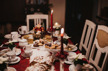 High angle view of meal served on dining table during christmas celebration