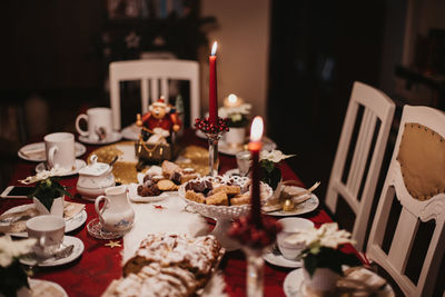 High angle view of meal served on dining table during christmas celebration