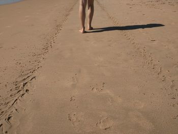 Low section of woman walking on sand at beach