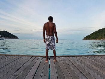 Rear view of shirtless man standing in sea against clear sky