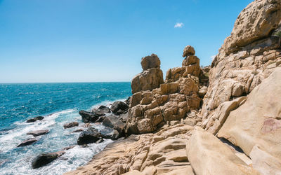 Scenic view of sea against clear blue sky