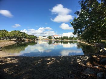 Reflection of clouds in calm lake