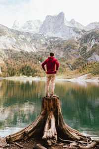 Rear view of man standing on tree stump against mountains