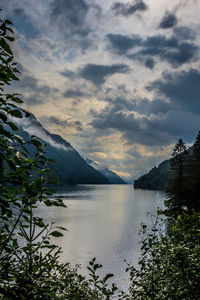 Scenic view of fjord against sky