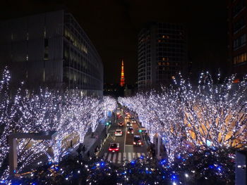 Illuminated city buildings at night