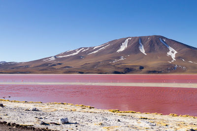 Scenic view of mountains against clear blue sky