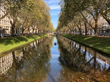 Canal amidst trees in park against sky