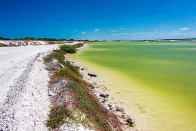 Scenic view of beach against blue sky during sunny day