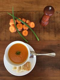 High angle view of food on wooden table