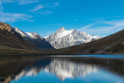 Scenic view of lake and mountains against blue sky