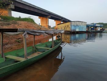 Boat moored on river by buildings against sky