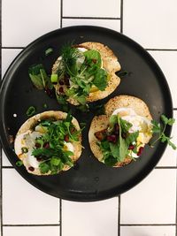 High angle view of breakfast served on table