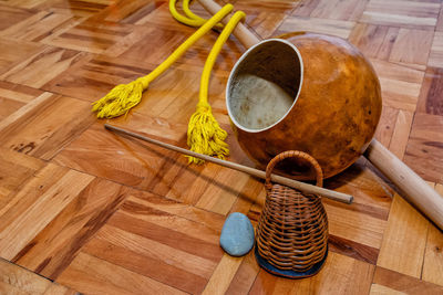 High angle view of bread in basket on table