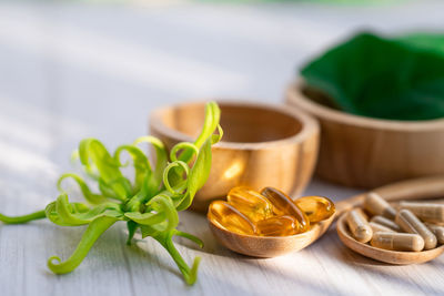 Close-up of green leaves on table