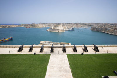 High angle view of city at waterfront