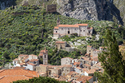 High angle view of buildings in town