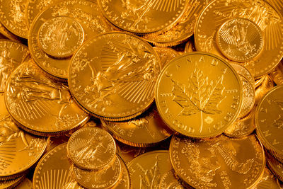 Close-up of gold colored coins