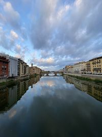 Buildings by river against sky in city